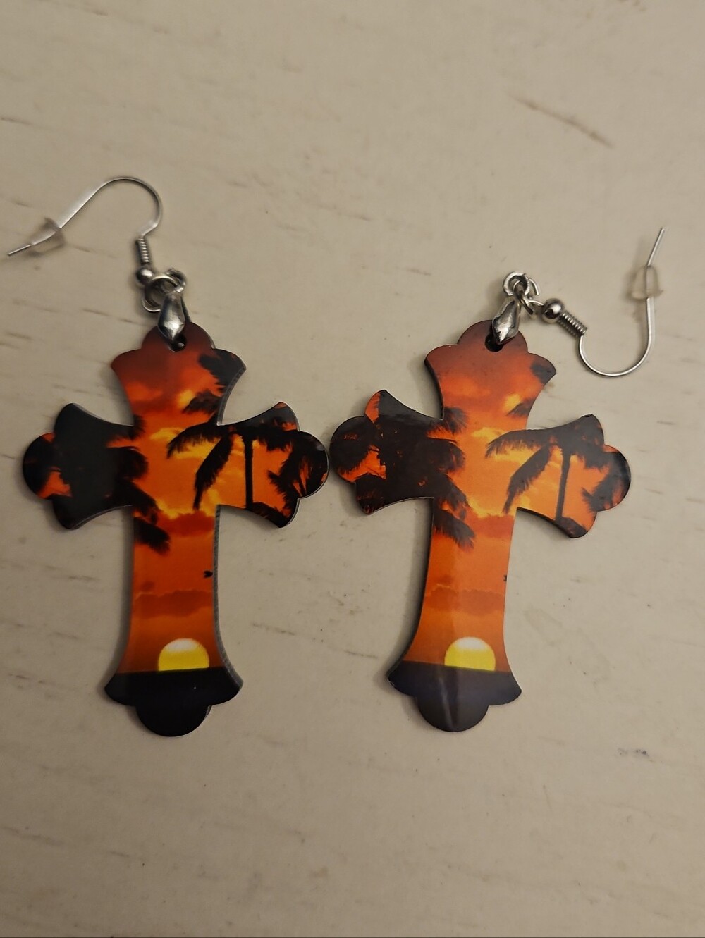 Cross Sunset Palm Tree Dangle Earrings | Boho Tropical Statement Jewelry